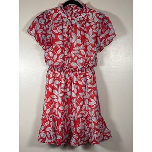 THML Red Blue Leaf Print Ruffle Neck Smocked Waist Mini Dress Small